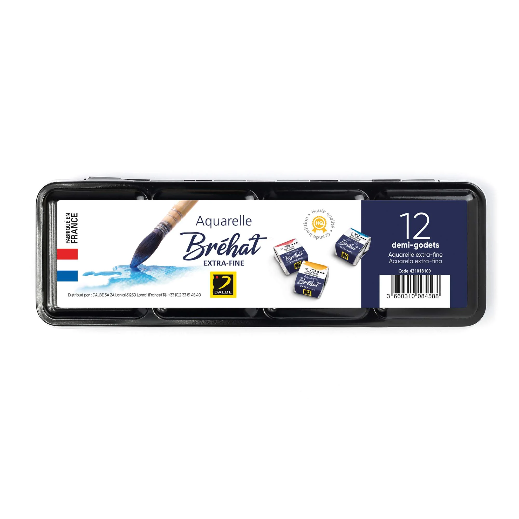 Boîte métal de 12 demi-godets peinture d'aquarelle Extra Fine Bréhat