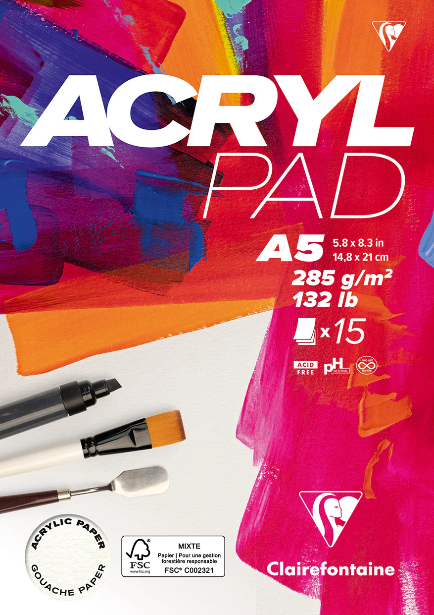 Bloc Acrylpad collé - 15 feuilles - 285 gr - Format A3, A4 & A5