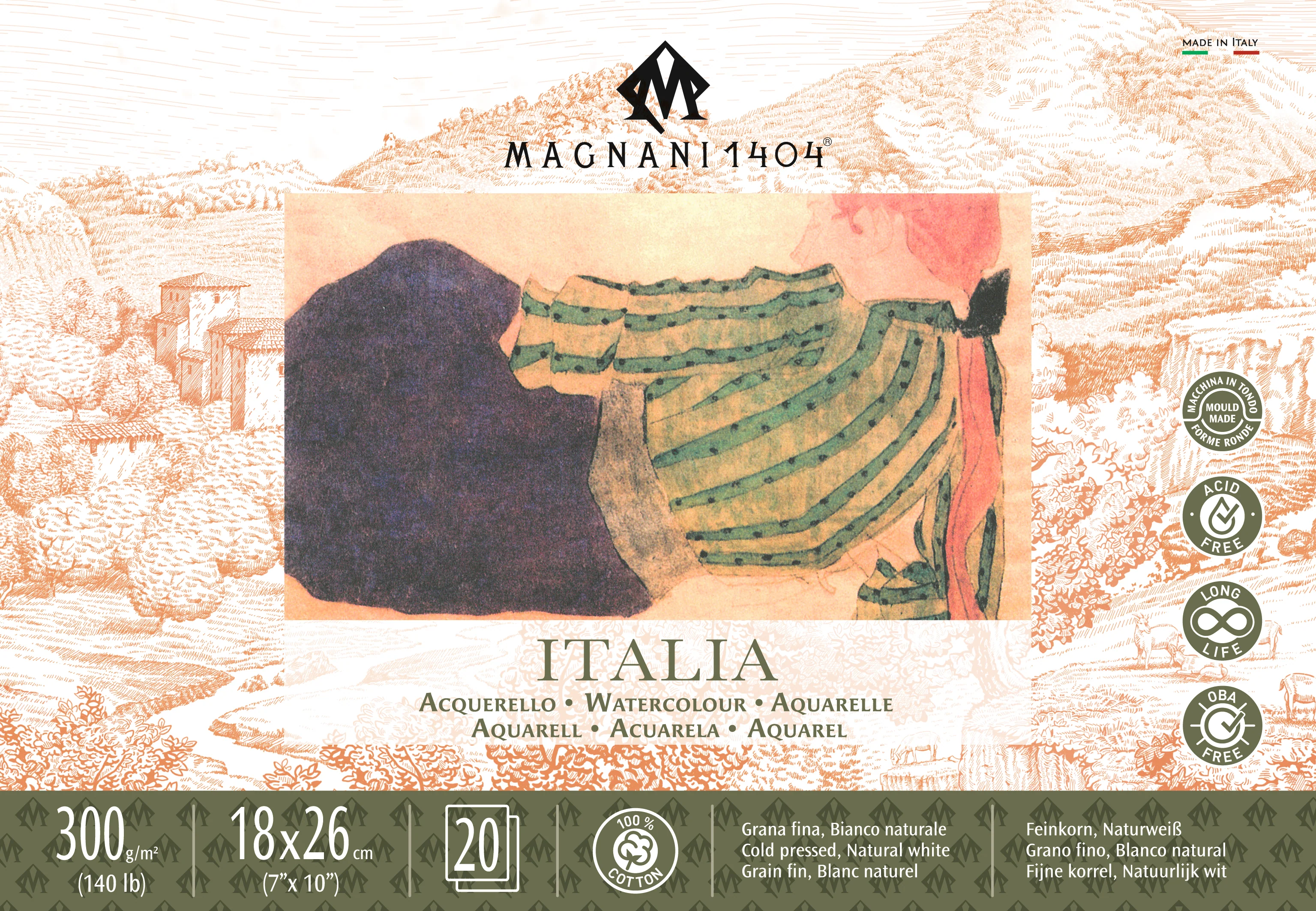 Bloc aquarelle Magnani  100% coton Italia - 20 feuilles - 300g/m² - Grain fin - Collé 4 côtés
