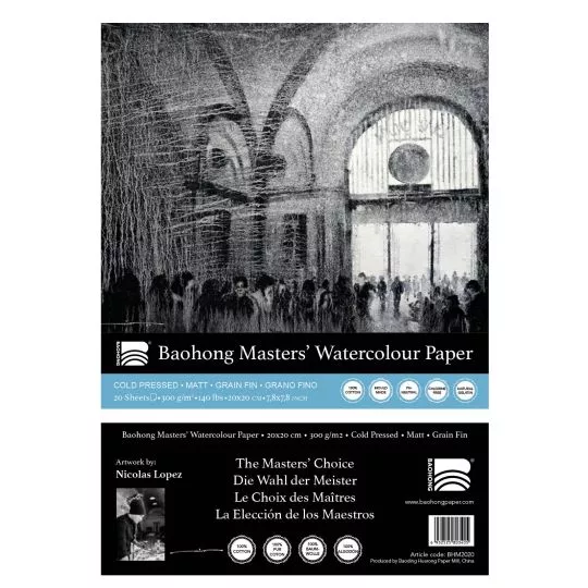 Bloc de papier aquarelle collé 4 côtés Masters Baohong 20x20 300g 20 feuilles grain fin