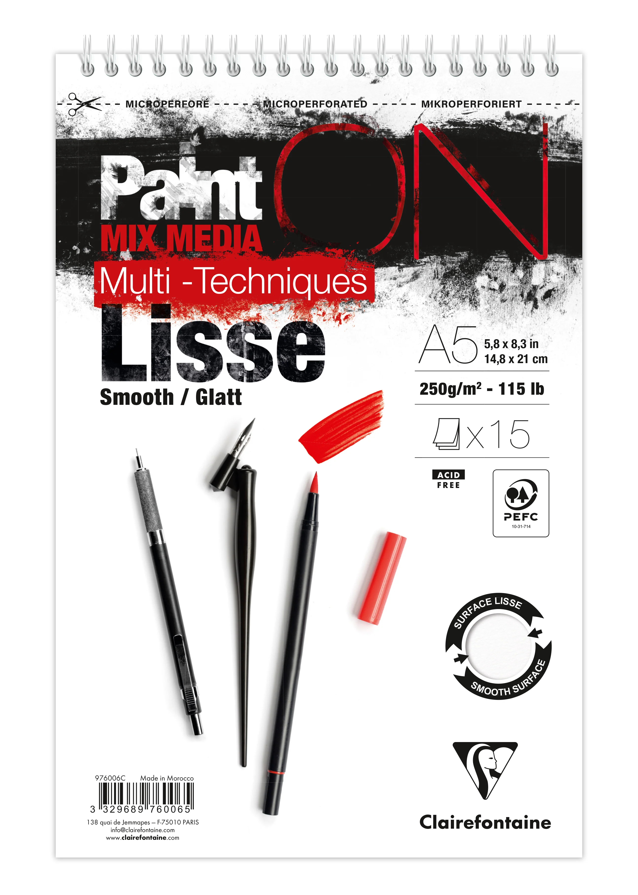 Bloc PaintON spiralé - 15 feuilles papier blanc lisse - 250gr/m² A5+- Clairefontaine