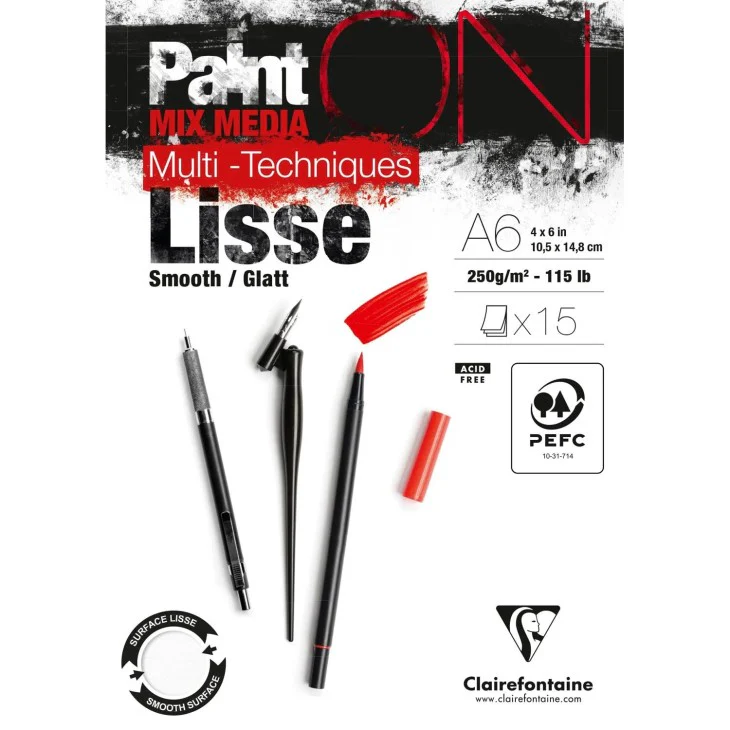 Bloc Paint-On encollé - 15 feuilles papier blanc lisse - 250gr/m² - A6