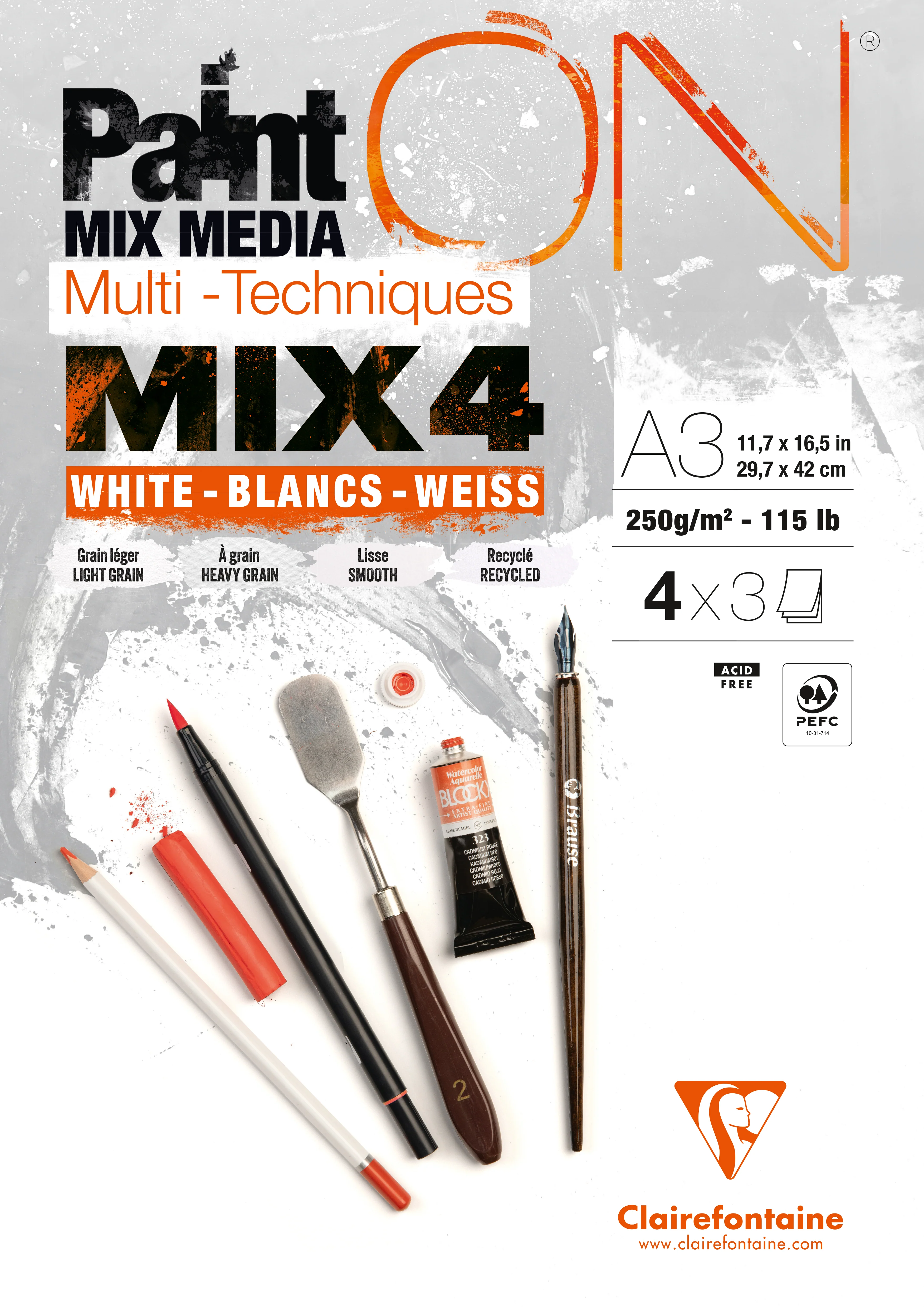 Bloc PaintON 12 feuilles Mix 4 Blancs x3F A3 250g - Clairefontaine