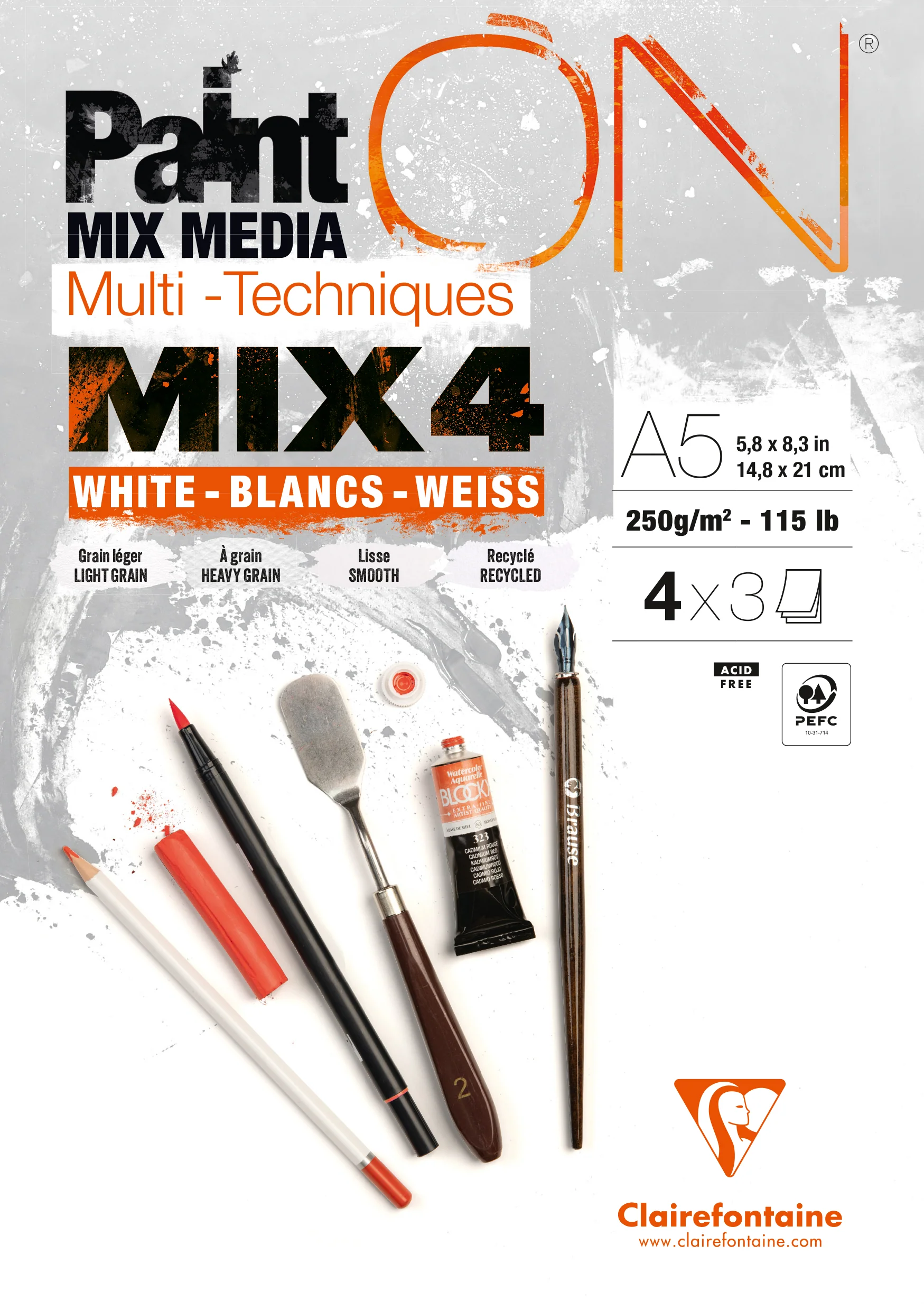 Bloc PaintON 12 feuilles Mix 4 Blancs x3F A5 250g - Clairefontaine