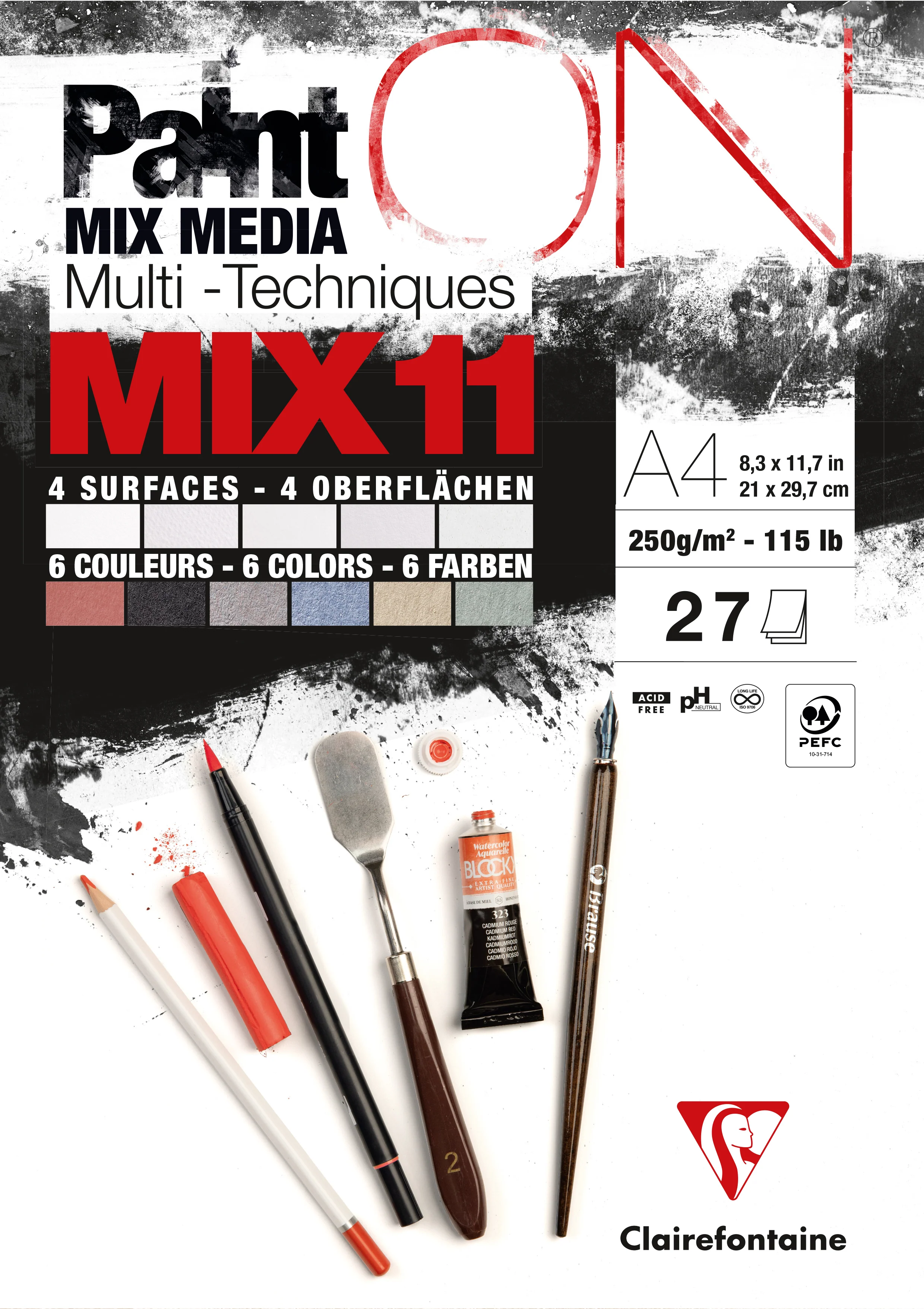 Bloc PaintON MIX11 - 27 feuilles assorties A4 250g - Clairefontaine