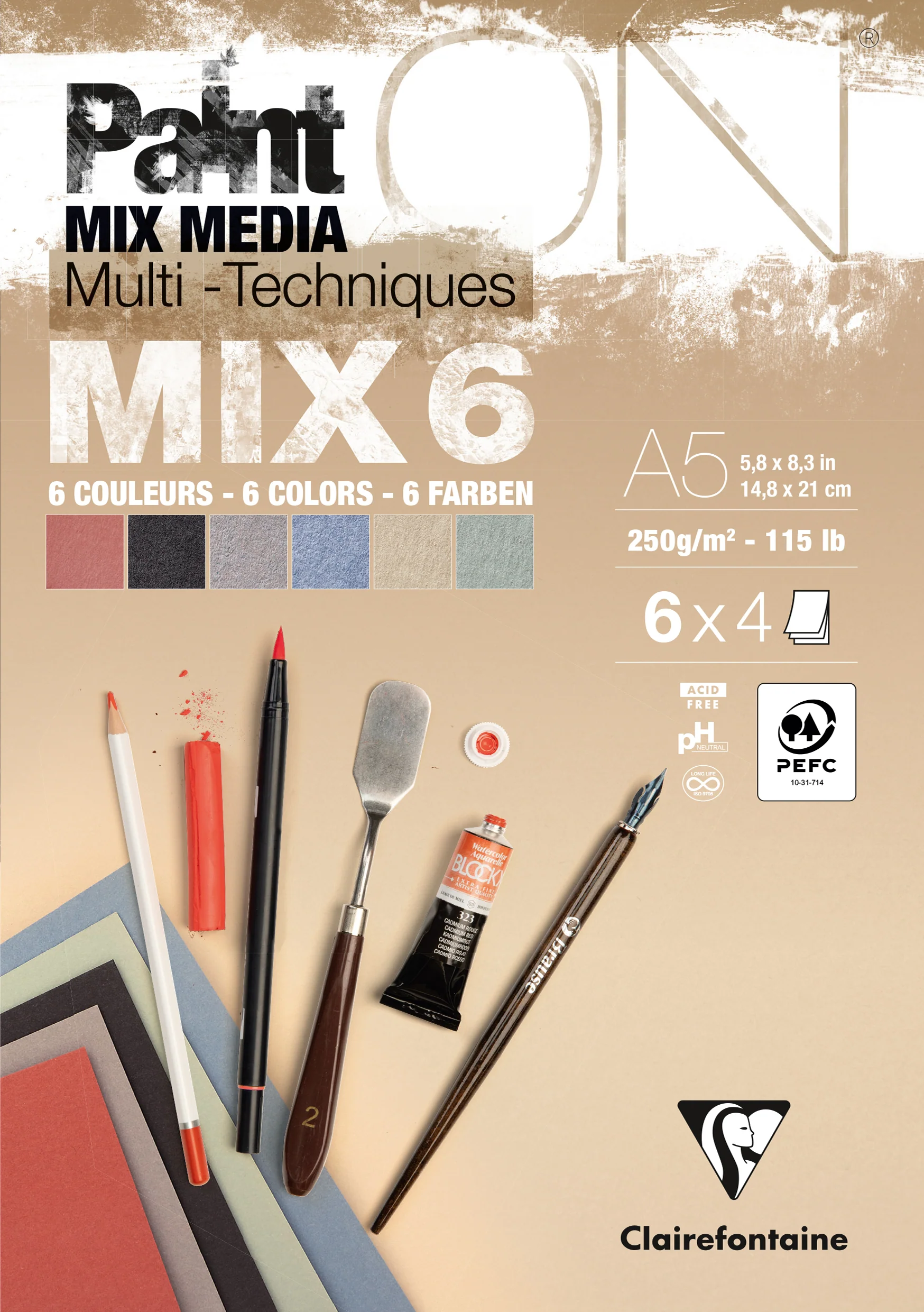Bloc PaintON MIX6 - 24 feuilles assorties 6x4F A5 250g - Clairefontaine
