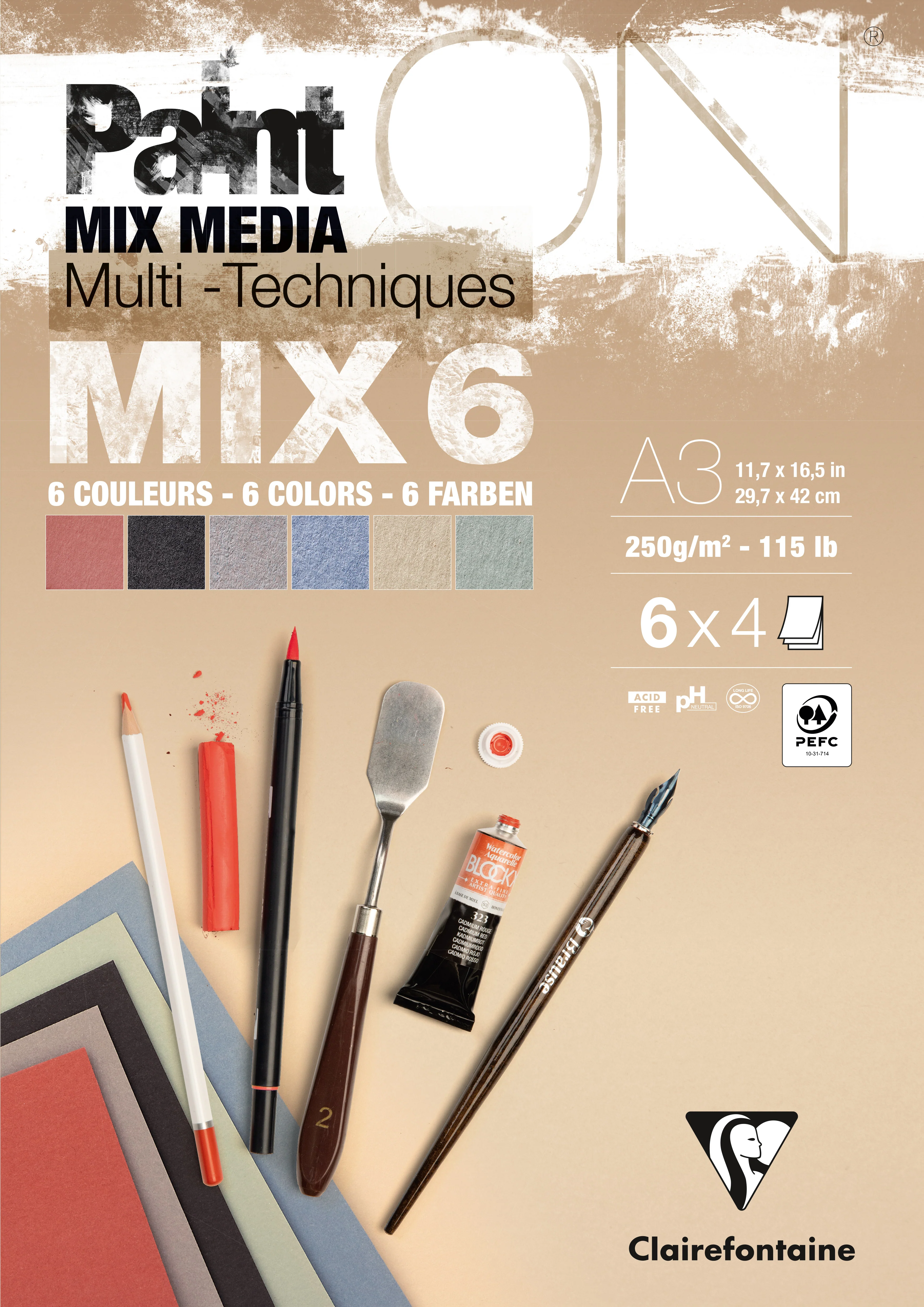 Bloc PaintON MIX6 - 24 feuilles assorties 6x4F A3 250g - Clairefontaine