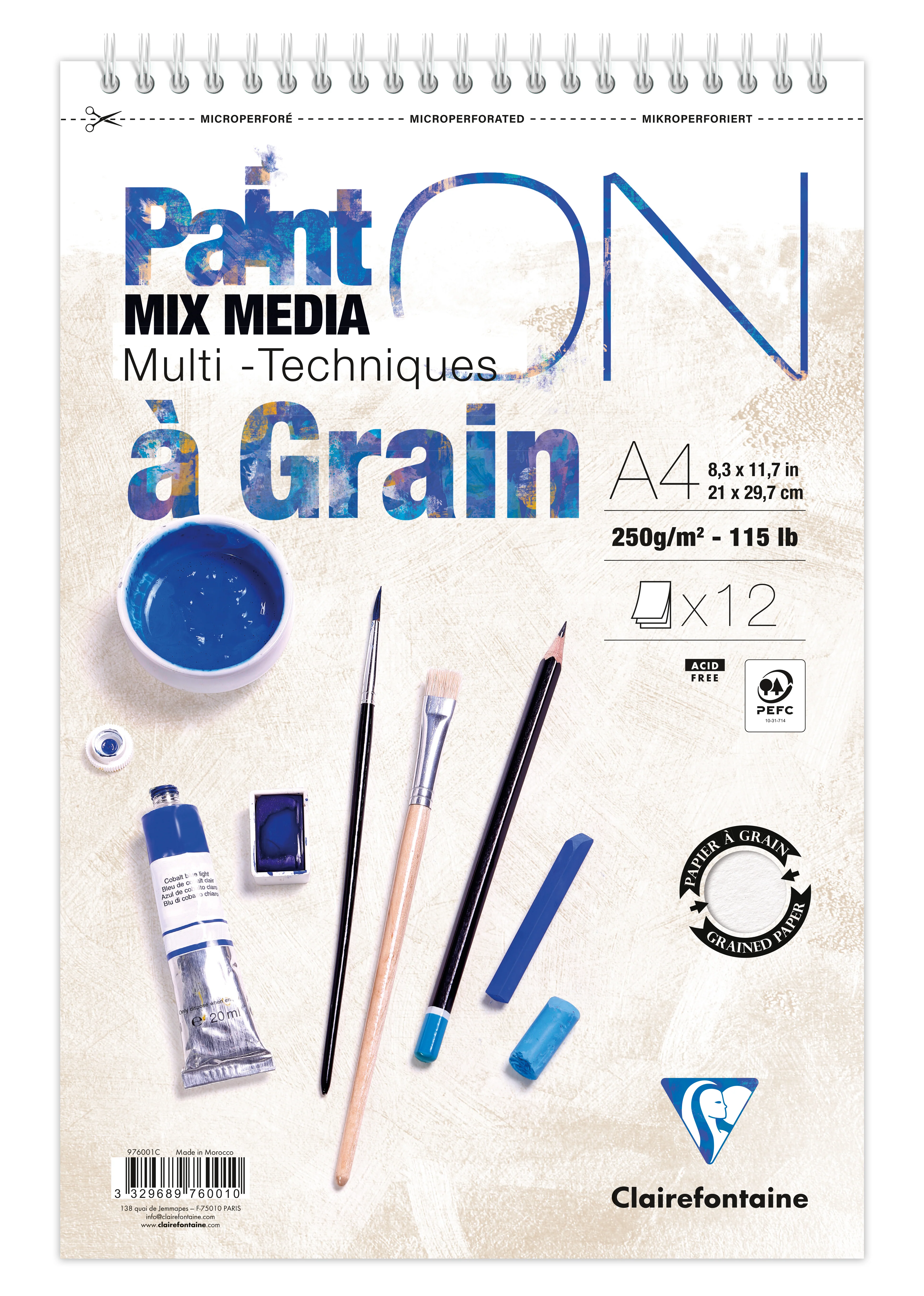 Bloc spiralé PaintON A Grain A4+ - 12 feuilles - 250g/m² - Clairefontaine