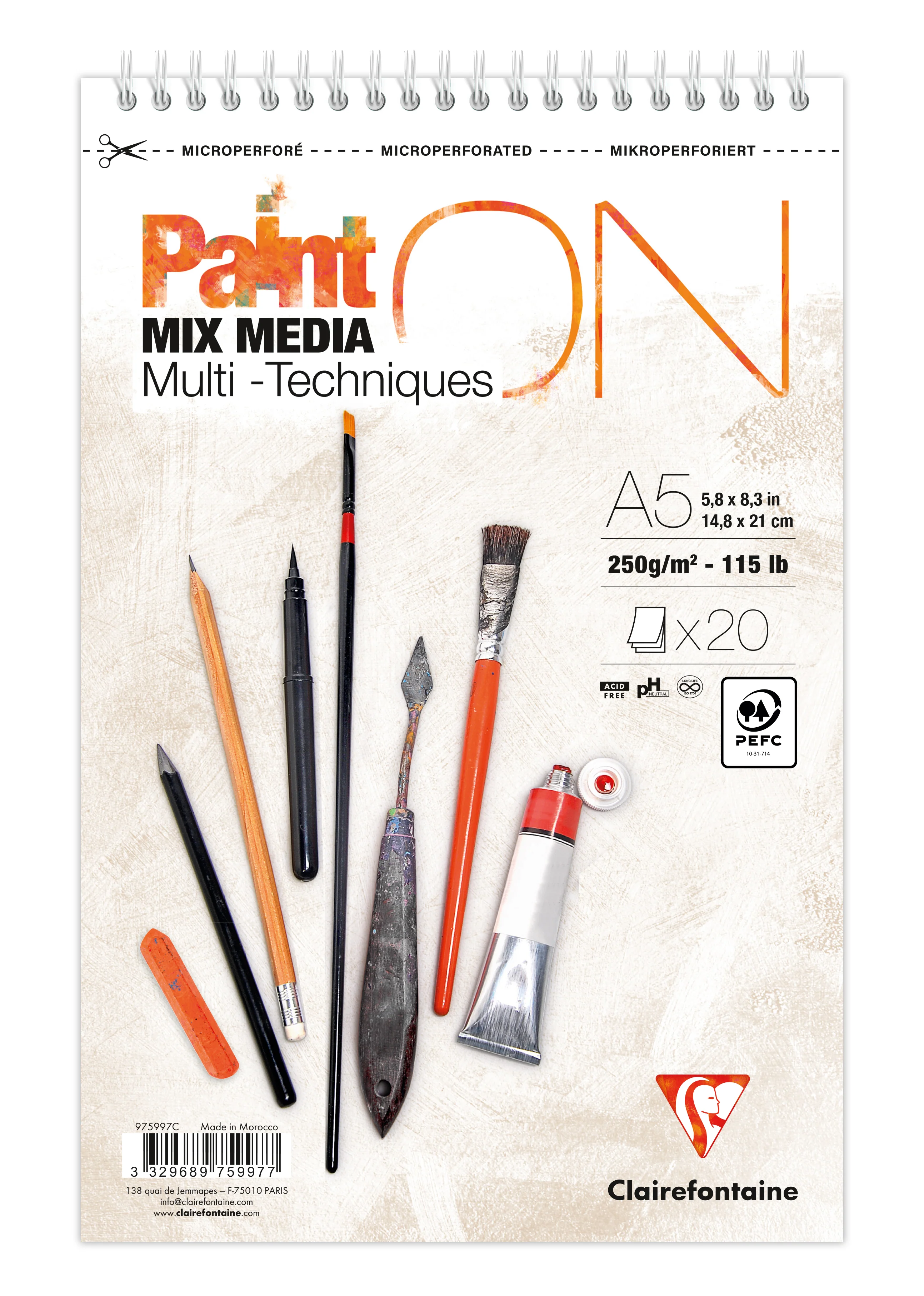 Bloc spiralé PaintON blanc A5+ - 20 feuilles - 250g/m² - Clairefontaine
