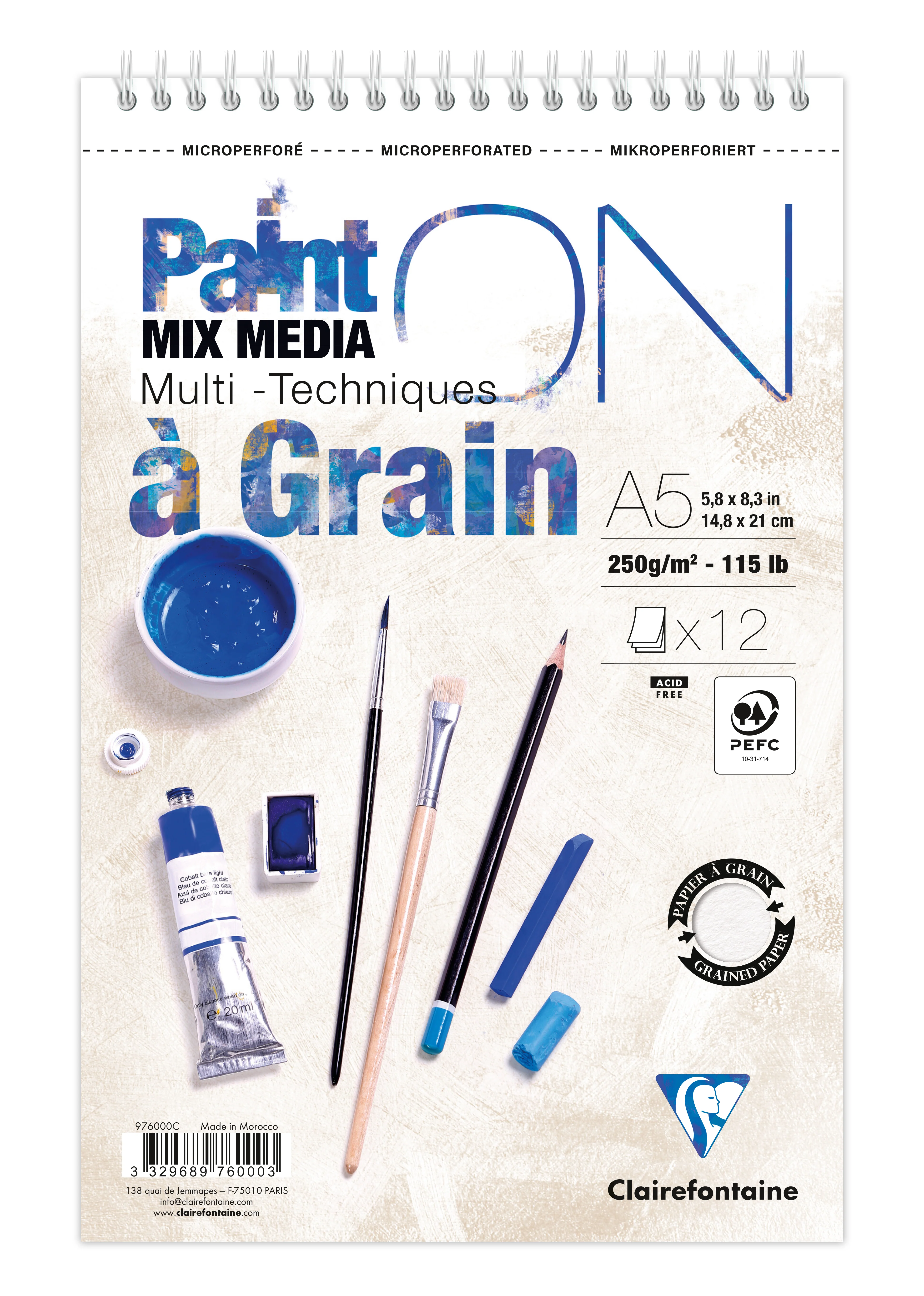 Bloc spiralé PaintON A Grain A5+ - 12 feuilles - 250g/m² - Clairefontaine