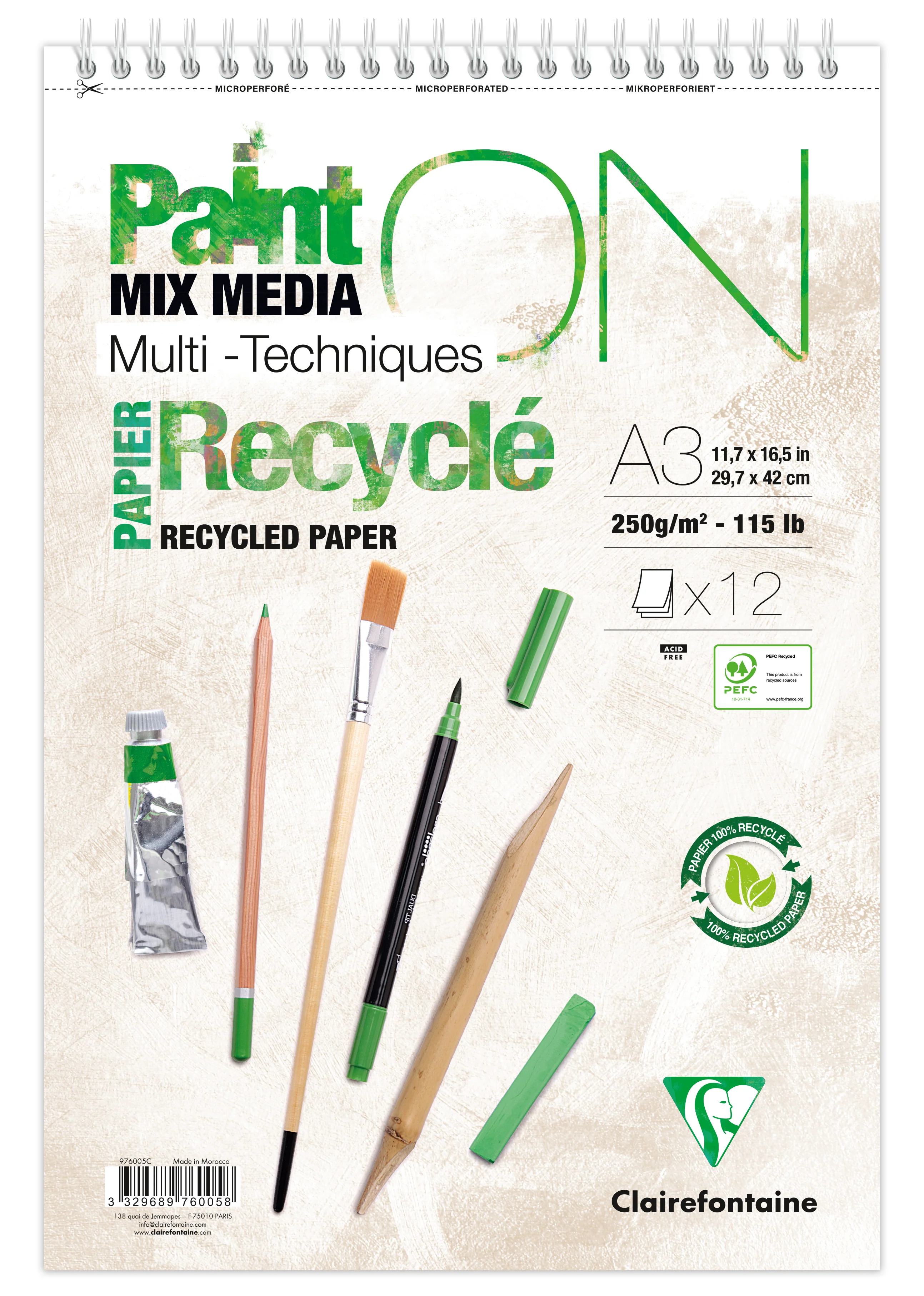 Bloc spiralé PaintON recyclé A3+ - 12 feuilles - 250g/m² - Clairefontaine