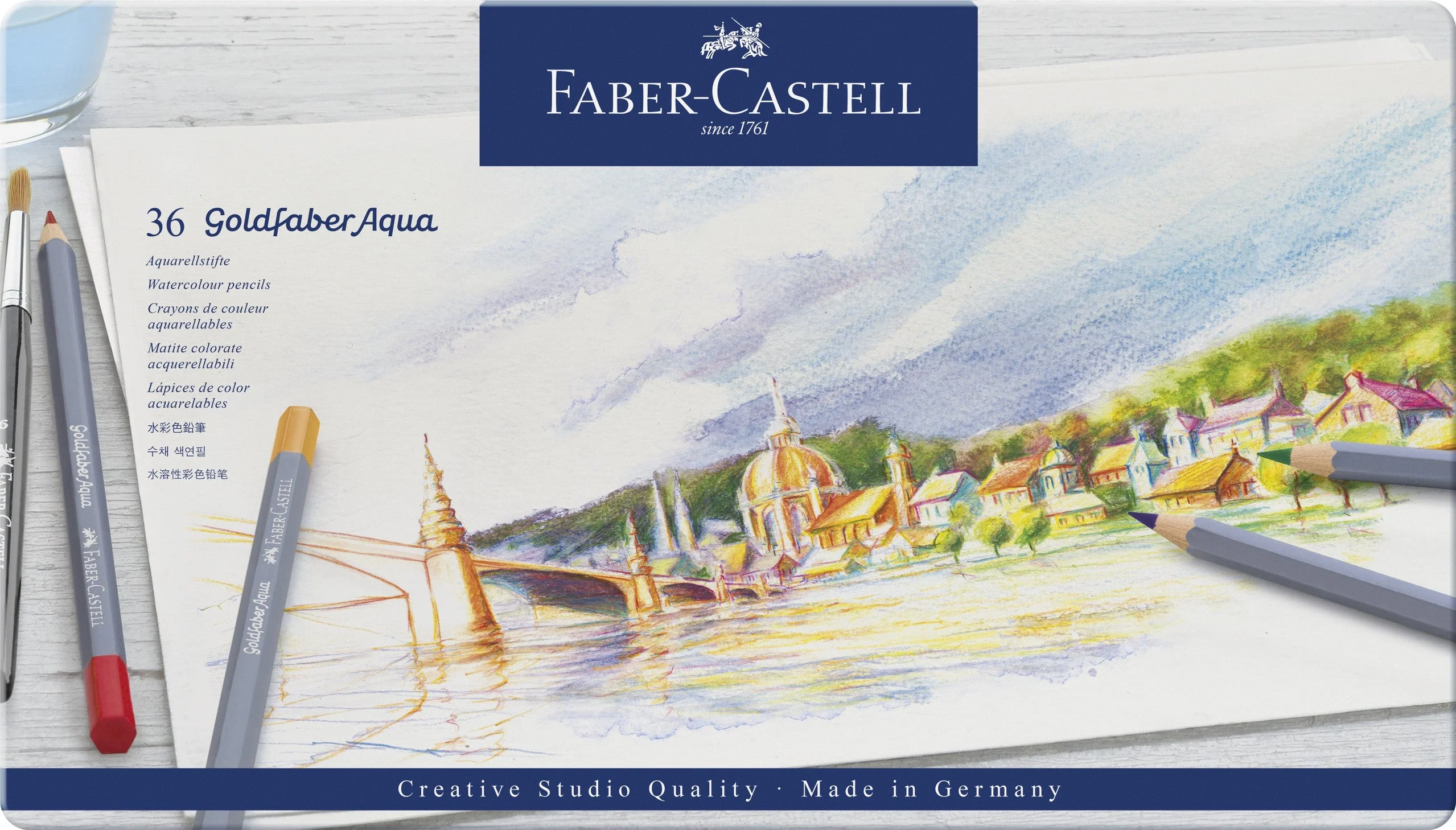 Boîte métal de 36 crayons de couleurs aquarellables Goldfaber Aqua