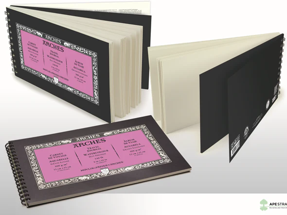 Carnet de voyage spiralé 15 x 25 cm - 15 feuilles Arches 100% coton - 300gr - Grain satiné