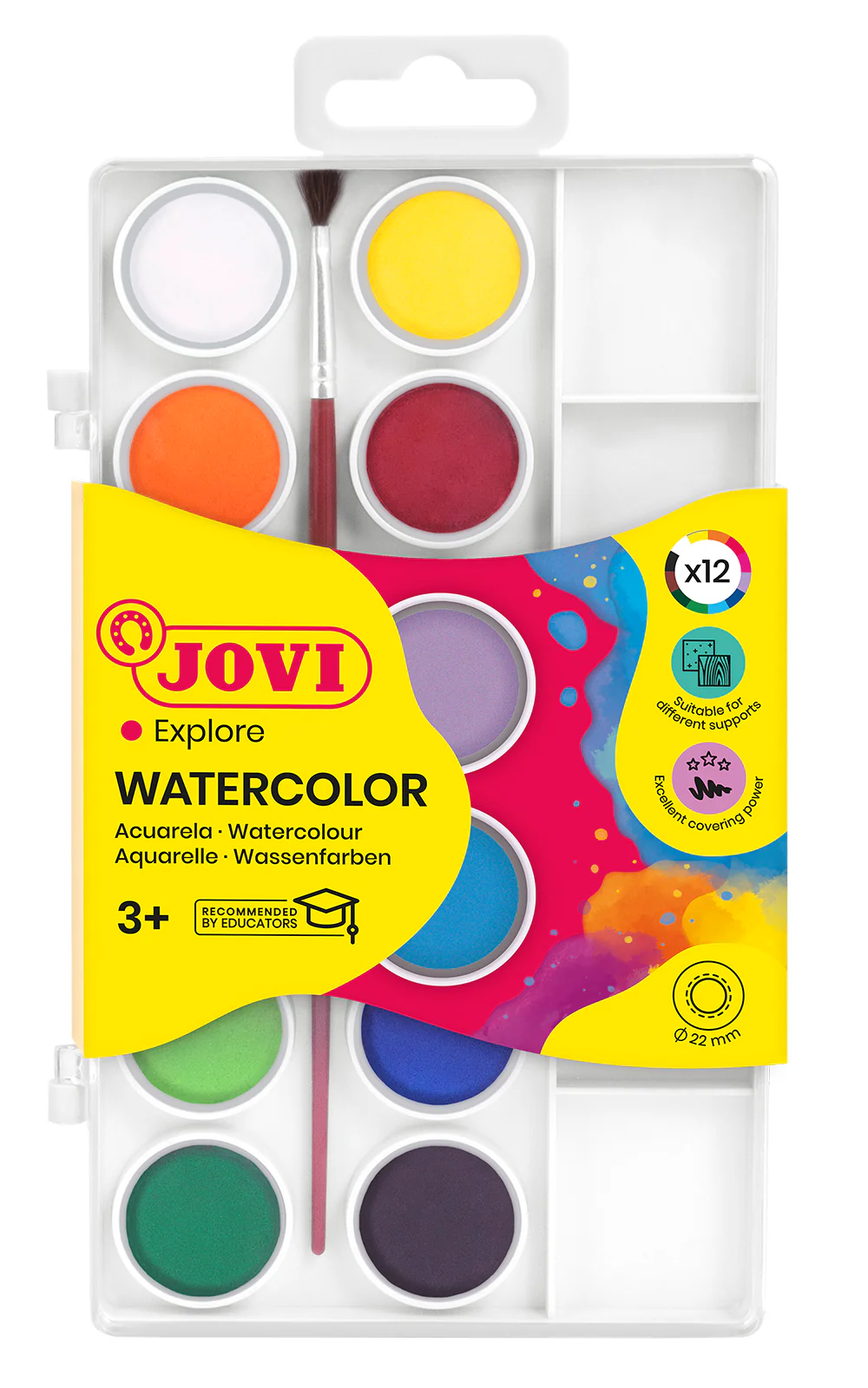 Boîte Aquarelle 12 pastilles 22 mm couleurs assorties + pinceau