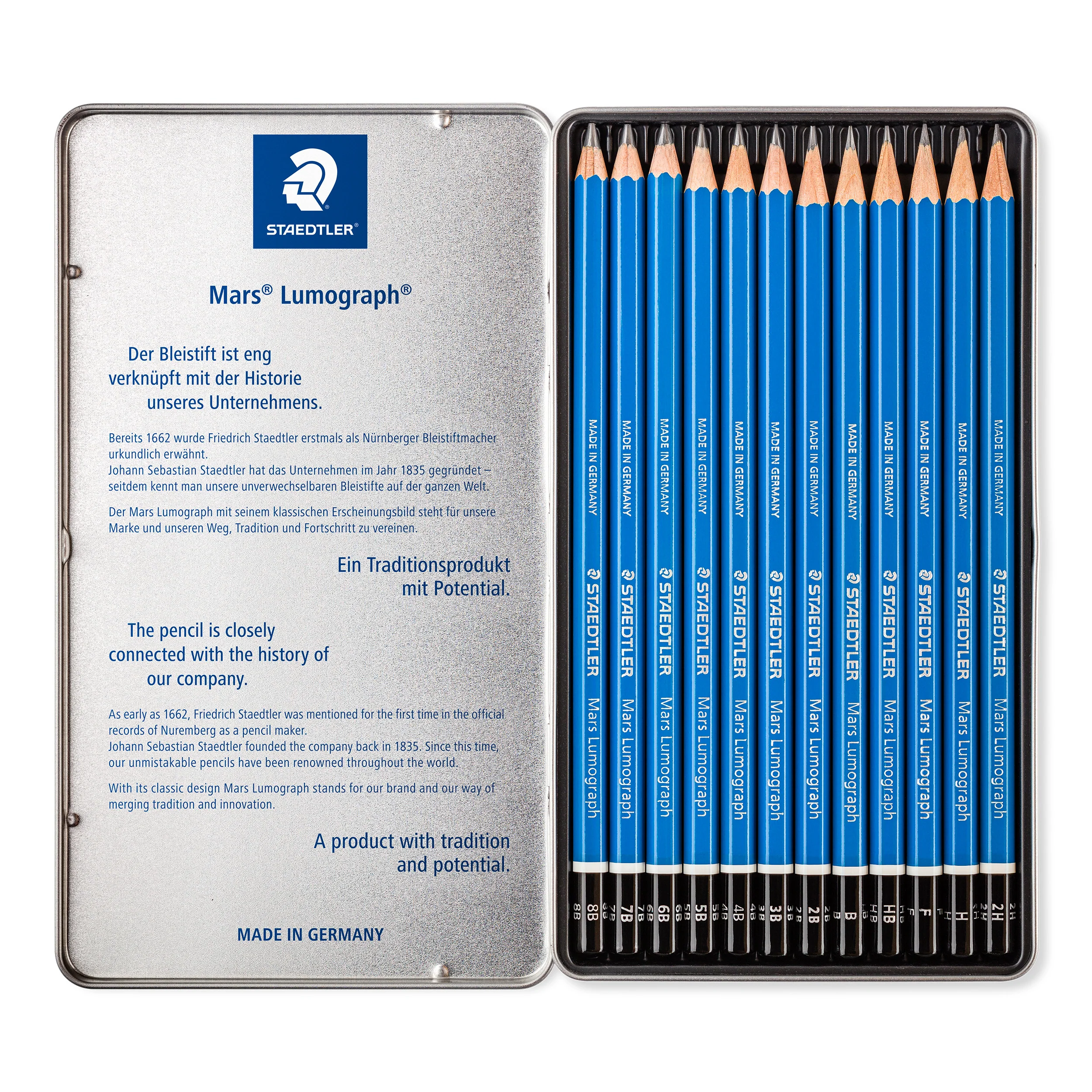STAEDTLER - Crayons graphite - Mars Lumograph 100 - Boîte métal 12 crayons graphite assortis (6B, 5B, 4B, 3B, 2B, B, HB, F, H, 2H, 3H, 4H) - 100 G12 - Image 2