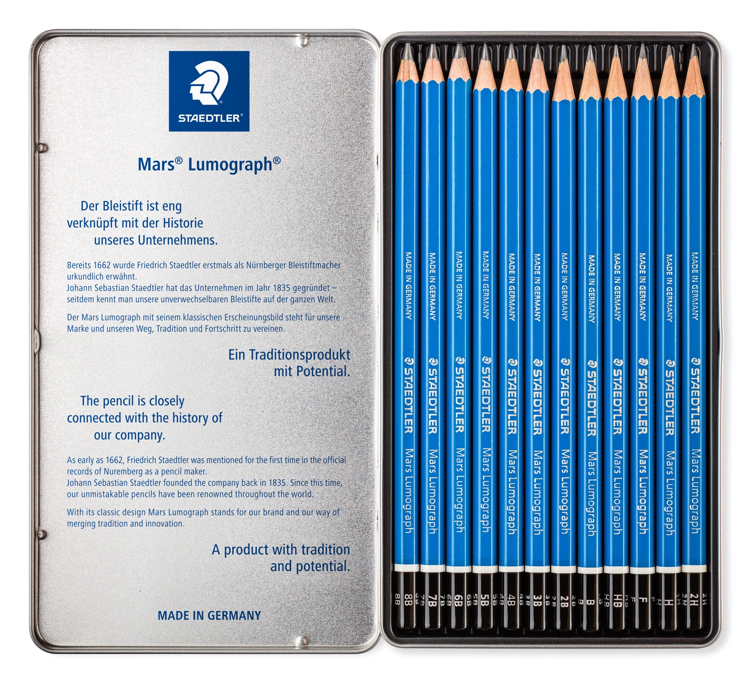 STAEDTLER - Crayons graphite - Mars Lumograph 100 - Boîte métal 12 crayons graphite assortis (8B, 7B, 6B, 5B, 4B, 3B, 2B, B, HB, F, H, 2H) - 100 G12 S - Image 2