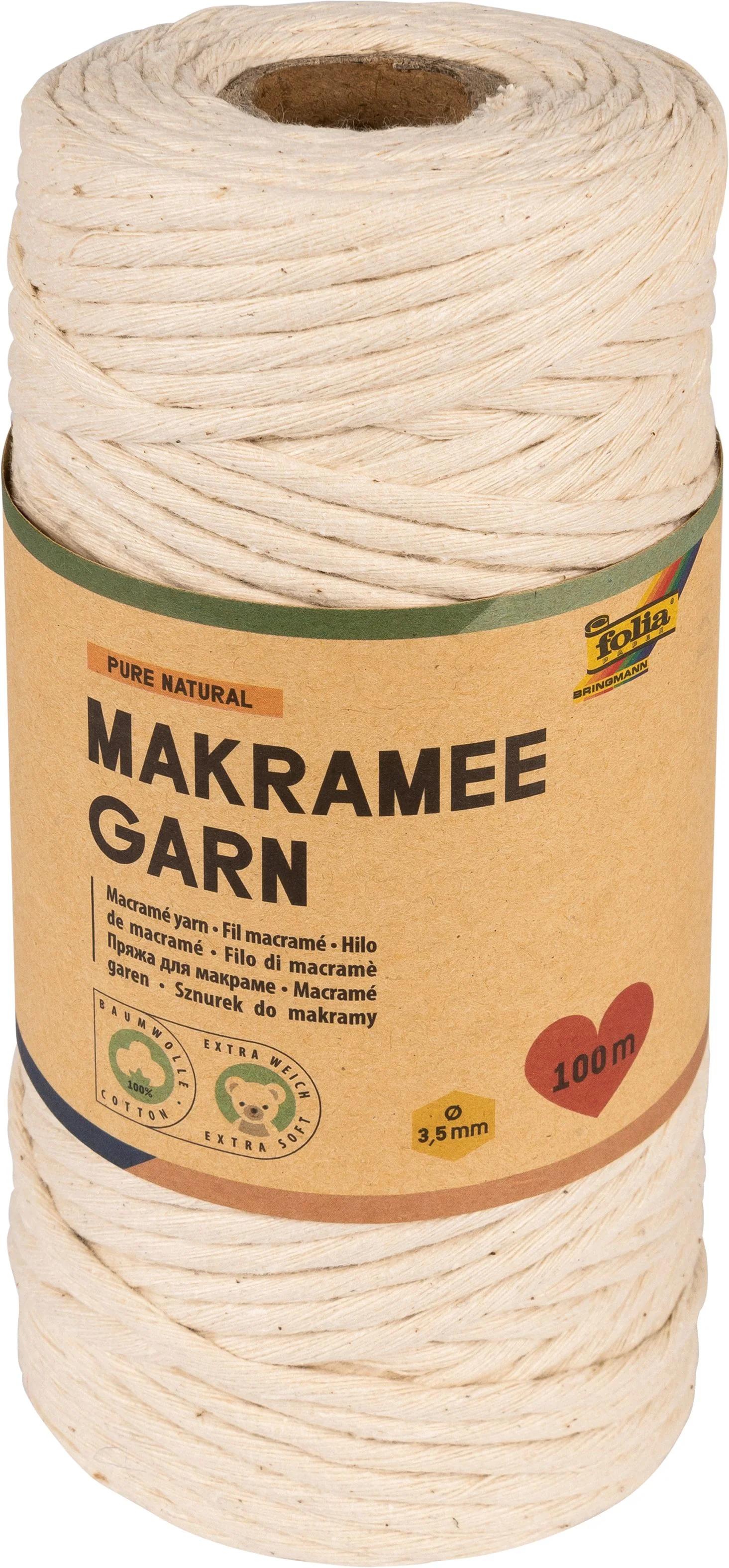 Fil de macramé PURE NATURAL, longueur: 100 m - Diamètre 3,5 mm - 100% coton