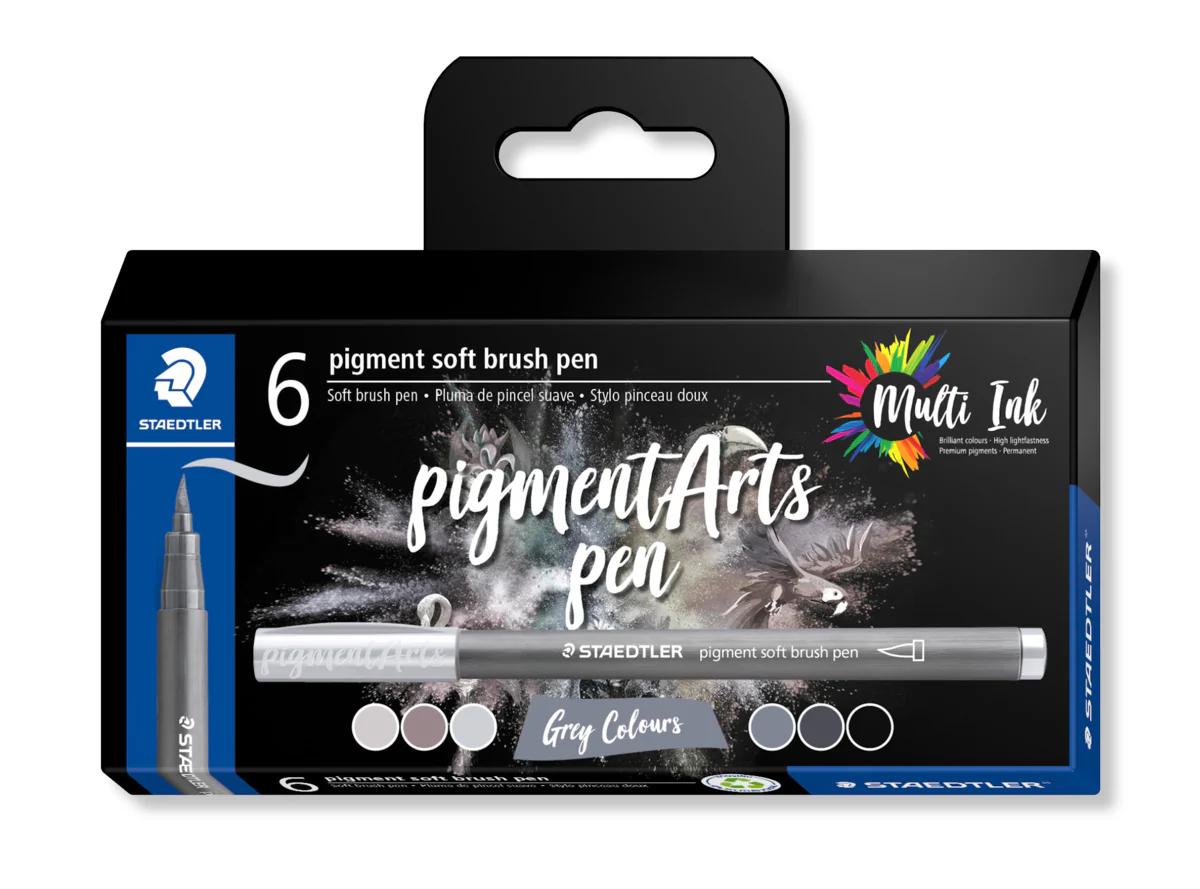 Set de 6 feutres Pigment Soft Brush 372 pointe pinceau souple Gris et noirs assortis