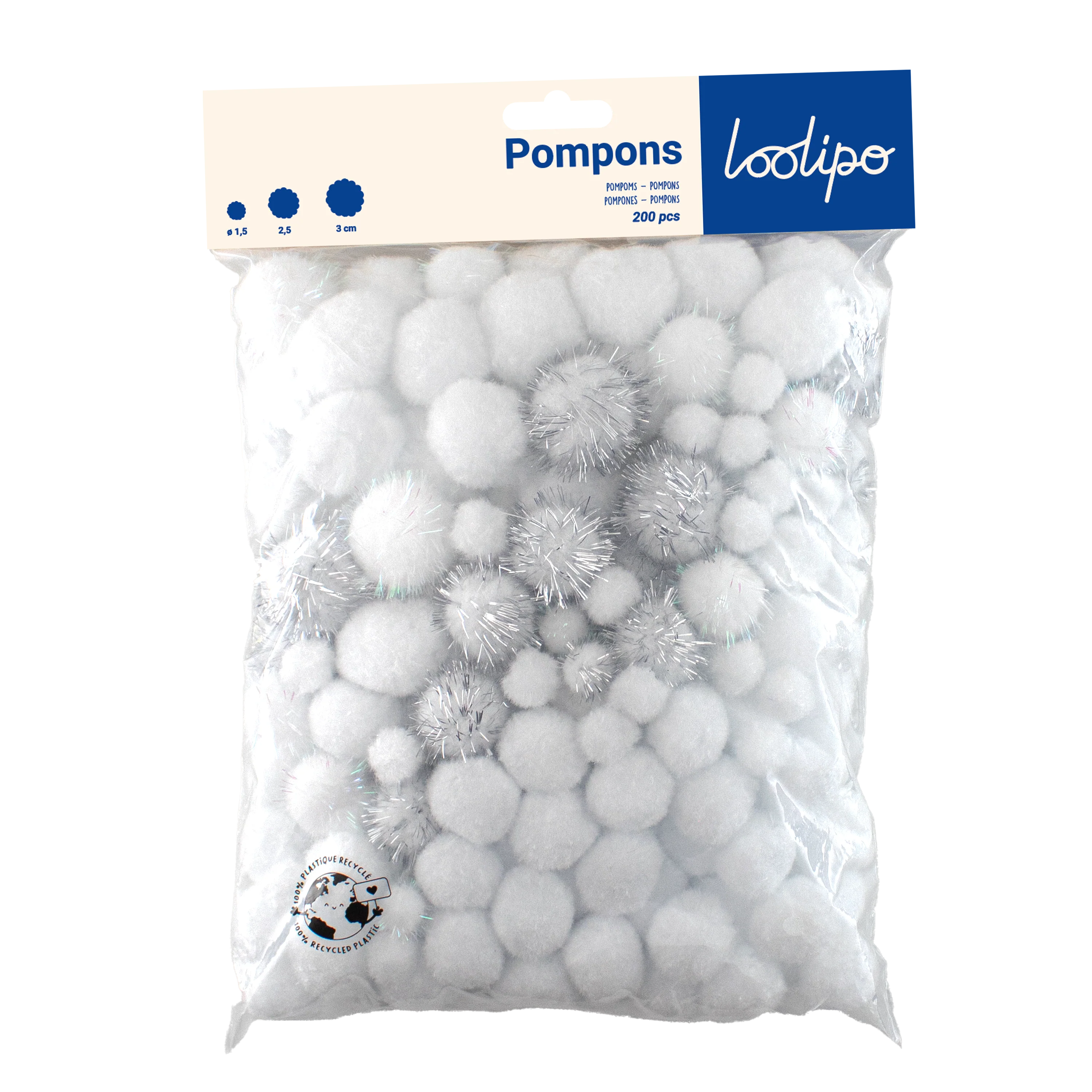 Lot de 200 pompons blancs - 3 tailles différentes - 2 coloris