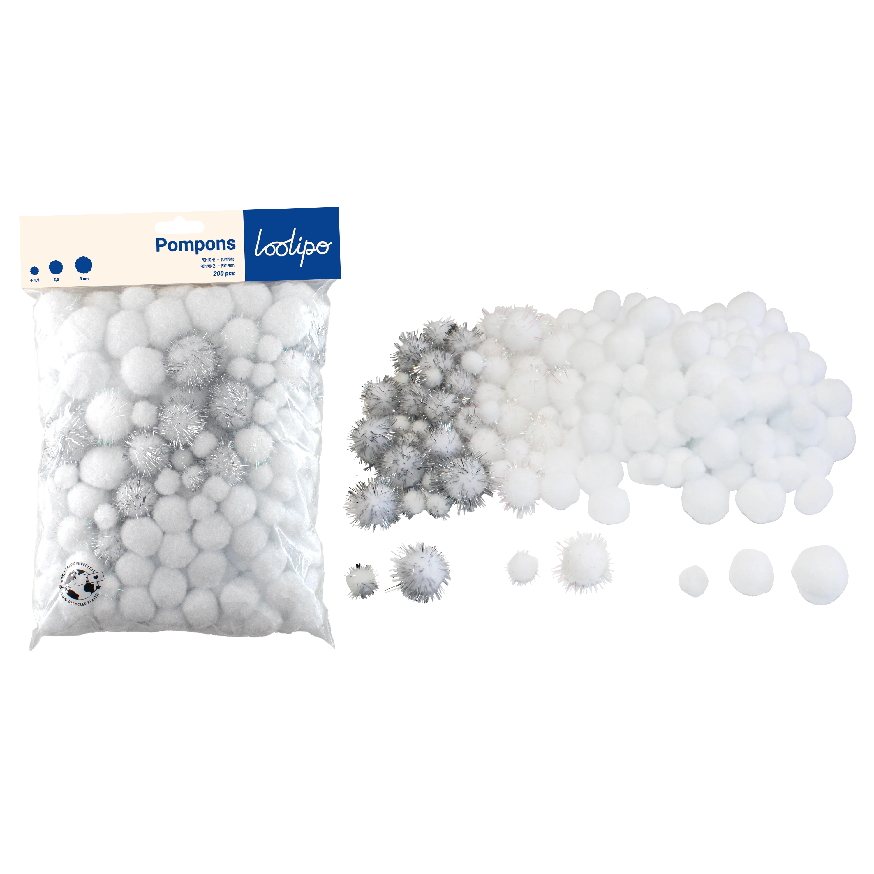 Lot de 200 pompons blancs - 3 tailles différentes - 2 coloris - Image 2