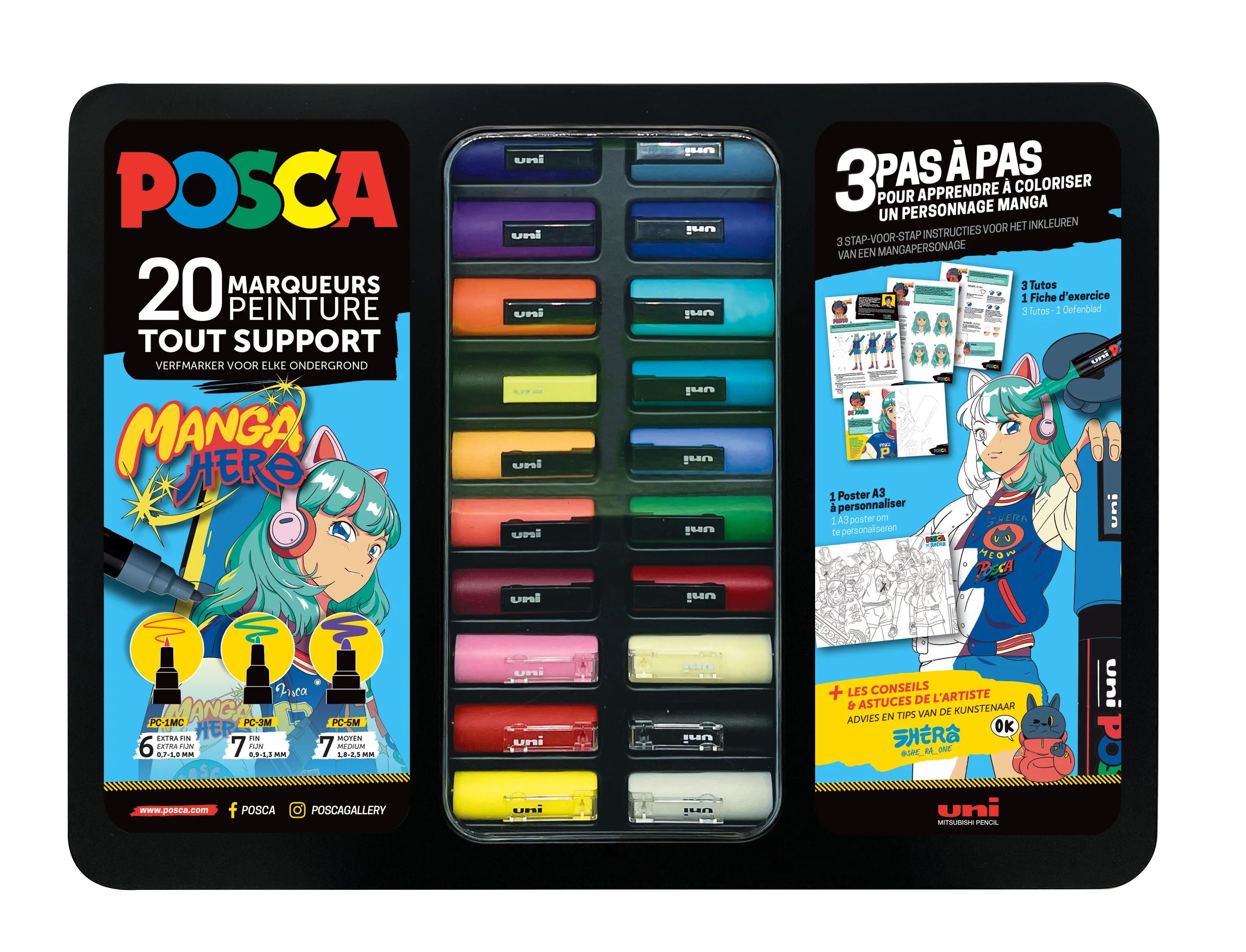 Mallette métal de 20 marqueurs Posca Manga