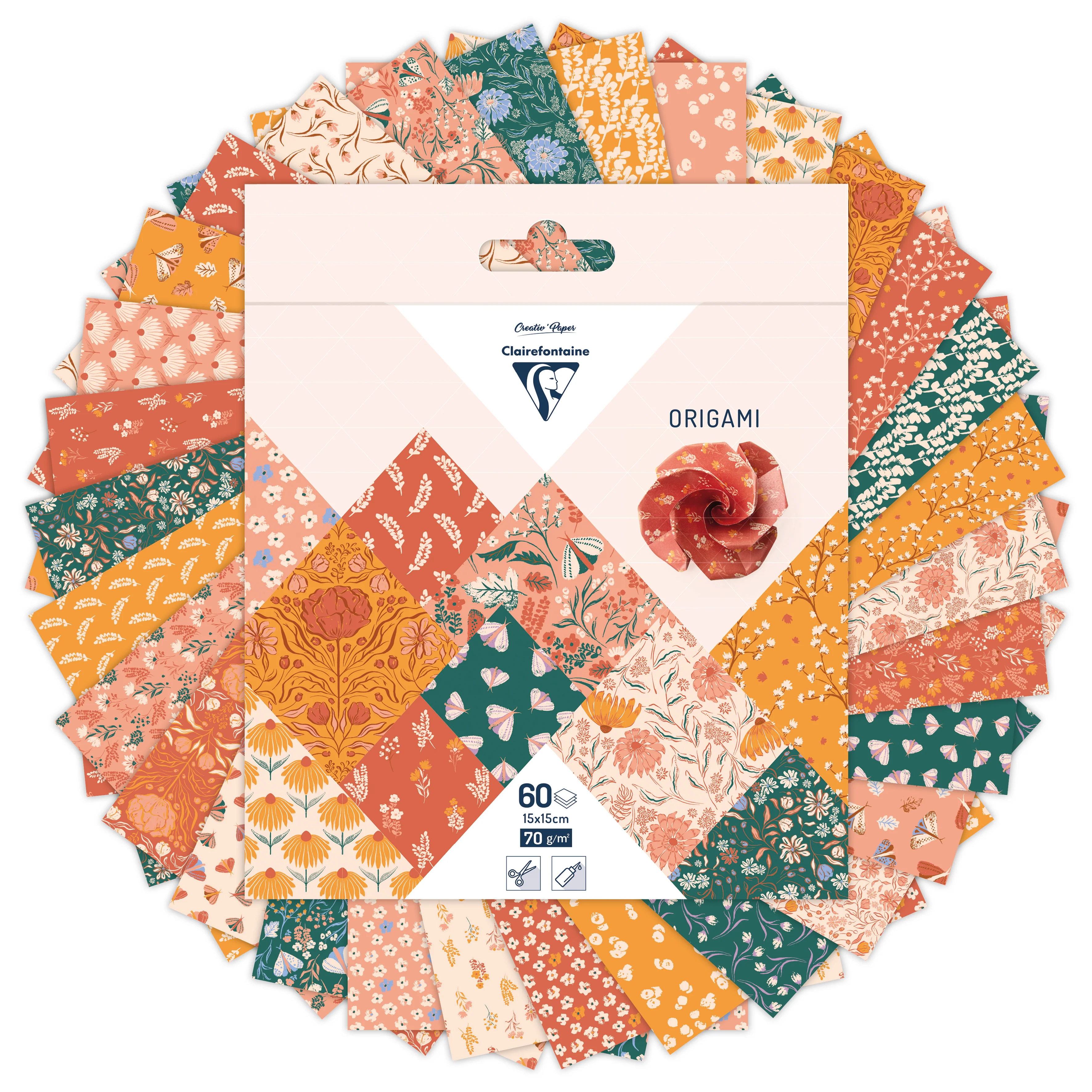 ORIGAMI, Pochette de 60 feuilles 15x15cm 70g, Boho Floral - Image 3