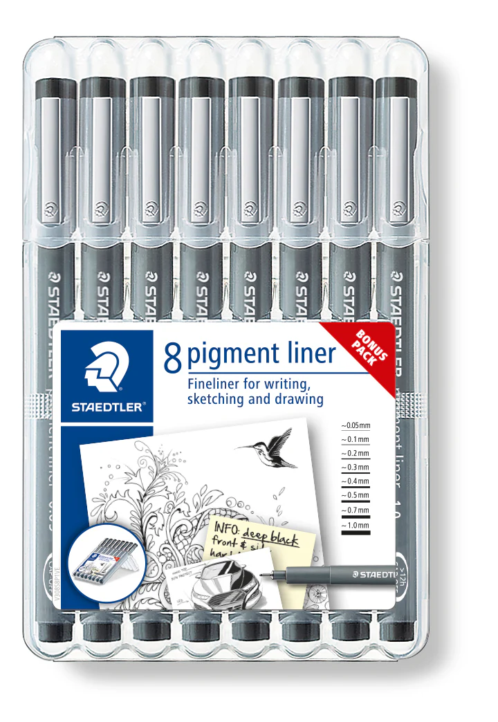 Pack feutres Pigment-Liner 5 + 3 gratuits 0,05/0,1/0,2/0,3/0,4/0,5/0,7/1 - Staedtler
