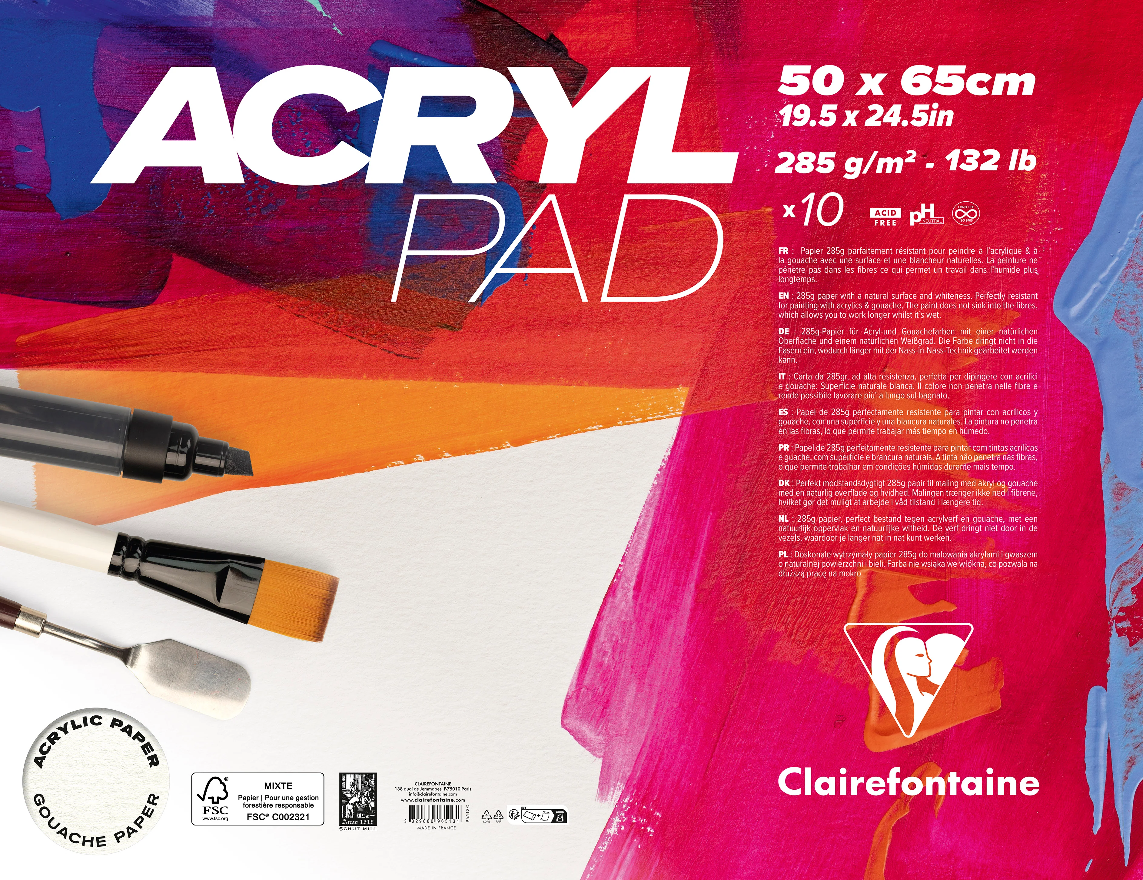 Pochette 10 feuilles Acrylpad 50x65cm 285g/m² - Clairefontaine