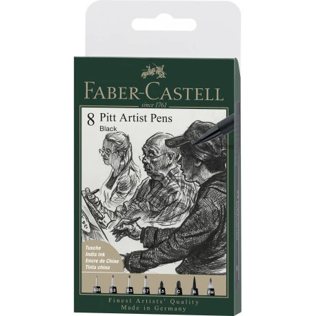 Pochette de 8 feutres Pitt noir 0.05/0.3/0.5/0.7/1.5/C/B/FH
