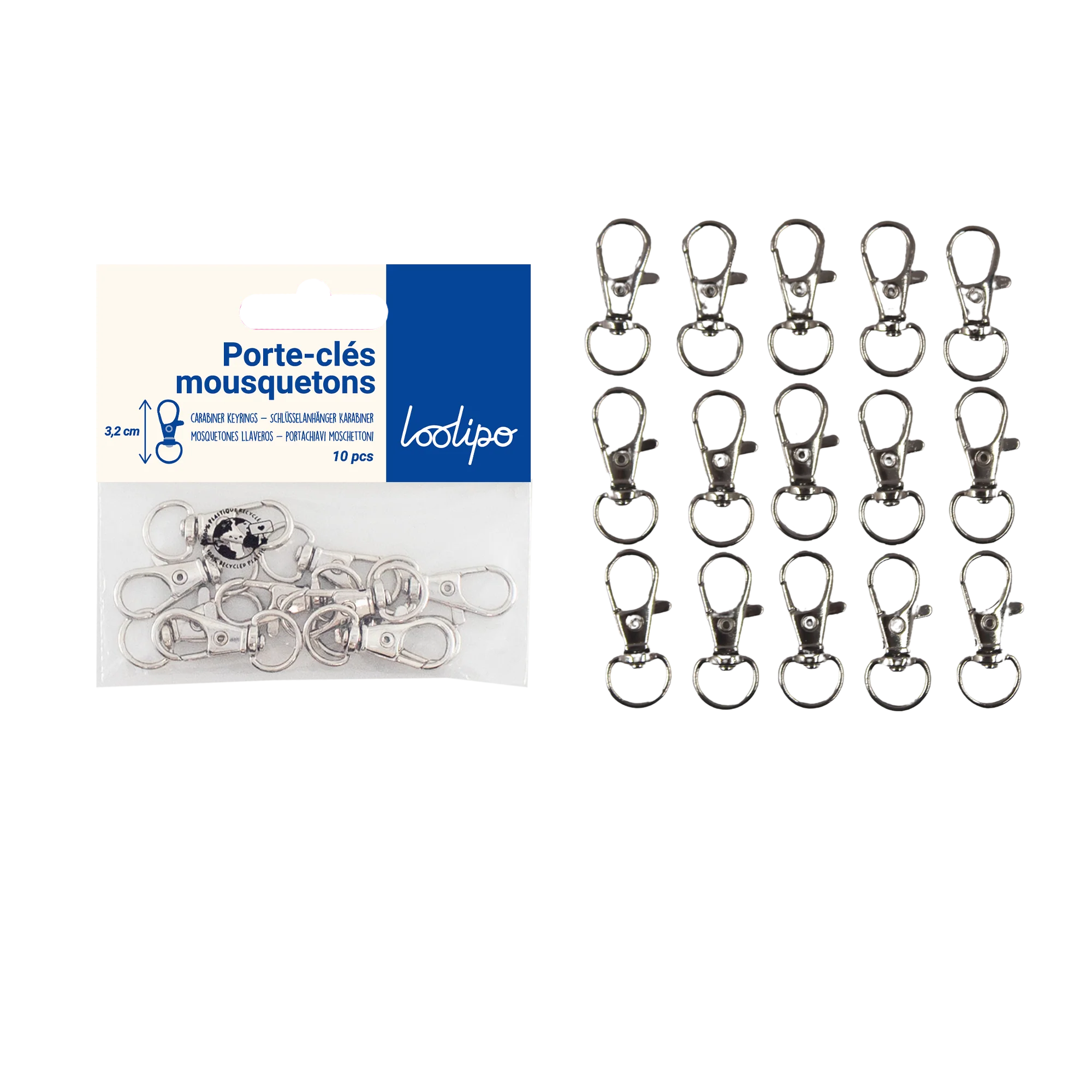 Porte-clé mousqueton argent 3,2 cm - X10