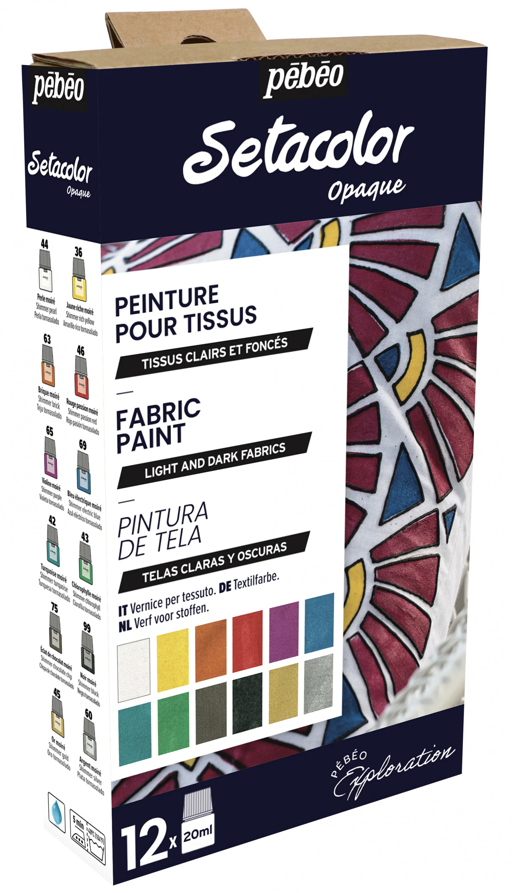 Set Explorations couleurs moirées peinture tissu Setacolor 12x20ml - Image 2